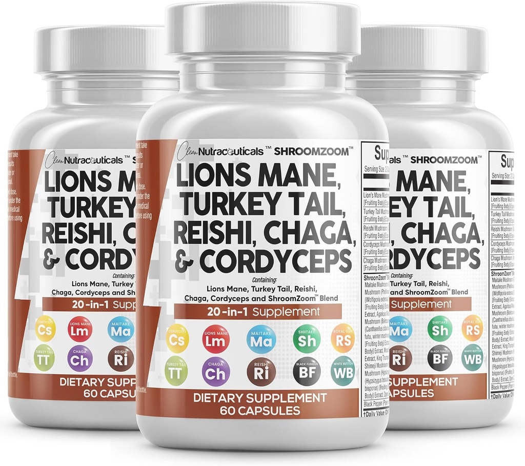 Nettoyer les nutraceutiques Lions Mane 20in1 Champignon Supplément avec la Turquie Tail Reishi Cordyceps Chaga Maitake Meshima Poria Cocos Shiitake Oyster Porcini Enoki - 3Pack
