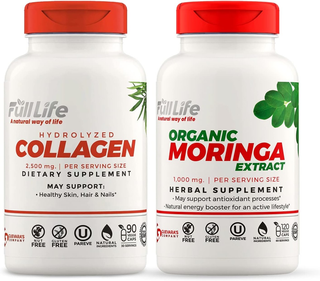 Full Life Hydrolyzed Collagen and Moringa Oleifera Capsules - Suppléments diététiques - pilules de collagène bovine pour femmes et hommes, sans gluten - Capsules de légumes