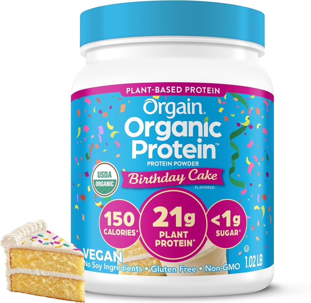 Orgaine en poudre de protéines végétales organiques, gâteau d'anniversaire - 21g Protéines à base de plantes, 7g fibre prébiotique, faible teneur en glucides, sans ingrédients de lactose, sans sucre ajouté, non-OGM, pour Shakes & Smoothies, 1,02 lb