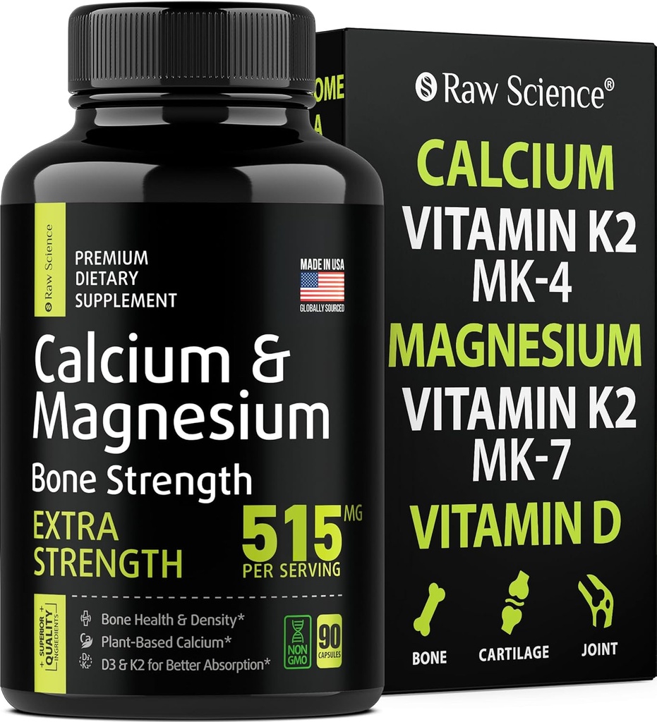 Citrate de calcium avec vitamine D3 K2 et glycinate de magnésium - Supplément de résistance aux os - Suppléments de calcium à base de plantes pour les femmes et les hommes - Pills de magnésium et de calcium D3 K2 pour la santé des os - 90 capsules