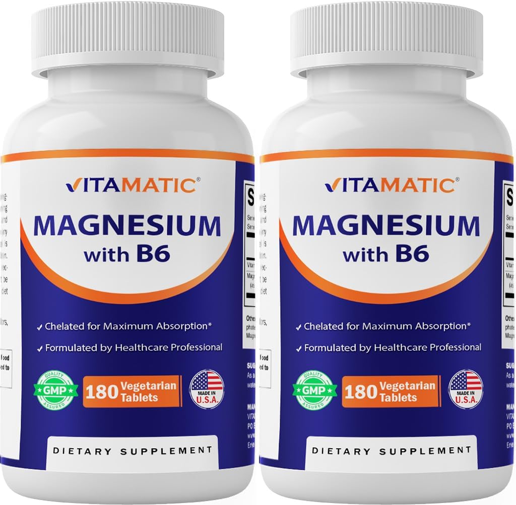 Magnésium vitamatique avec comprimés végétariens B6-180 (non enduit) - Ajout de B6 pour absorption maximale - Supporte la santé musculaire, articulaire et cardiovasculaire - 2 Pack