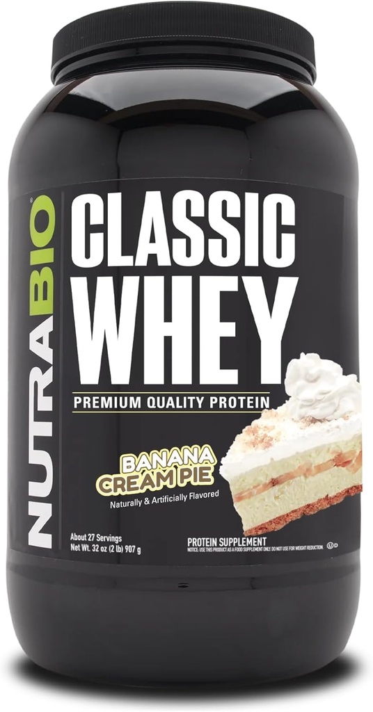 NutraBio Classic Whey Protein Powder- Protéine 25G par scoop - Profile d'acide amino à spectrum complet - Pas de remplissage, Couleurs artificielles, Préservatifs - (Banana Cream Pie, 2 livres)