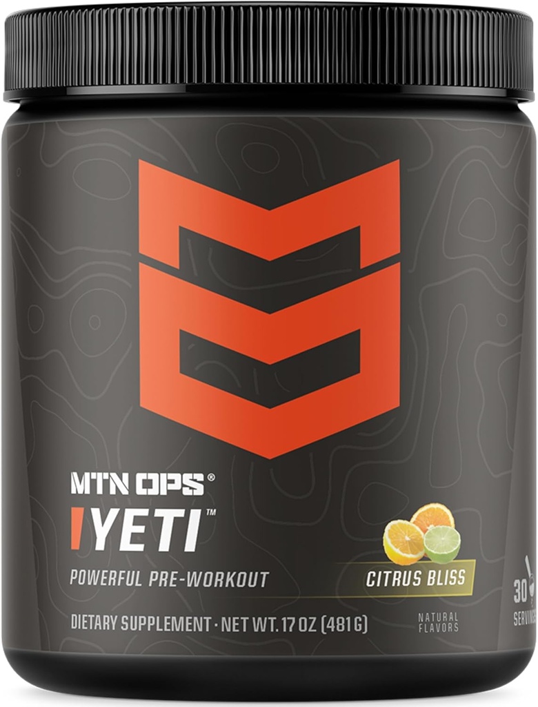 MTN OPS Yeti boisson d'énergie pré-travail en poudre avec de la créatine, 200mg caféine et BCAA avec Beta Alanine, 30-Serving Tub, Citrus Bliss