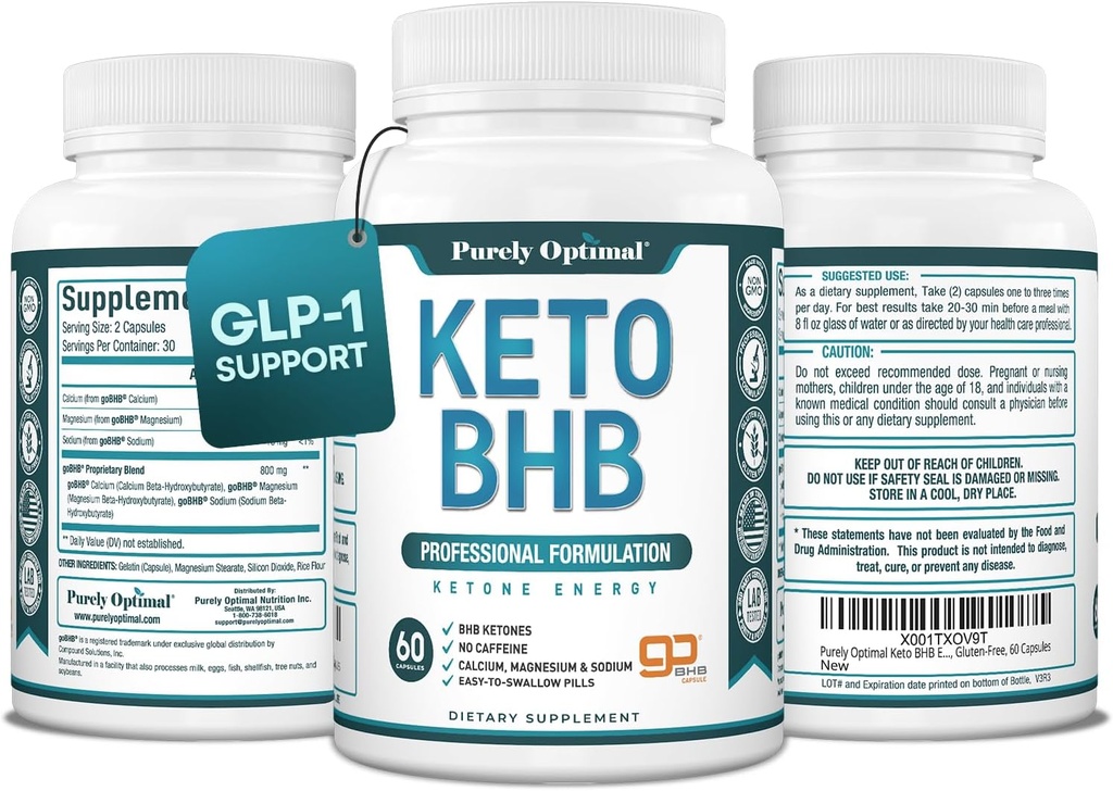 Capsules Keto BHB purement optimales – pilules cétoniques exogènes pour le soutien de la kétose, énergie soutenue, focus et métabolisme – pour les femmes et les hommes, 60 capsules