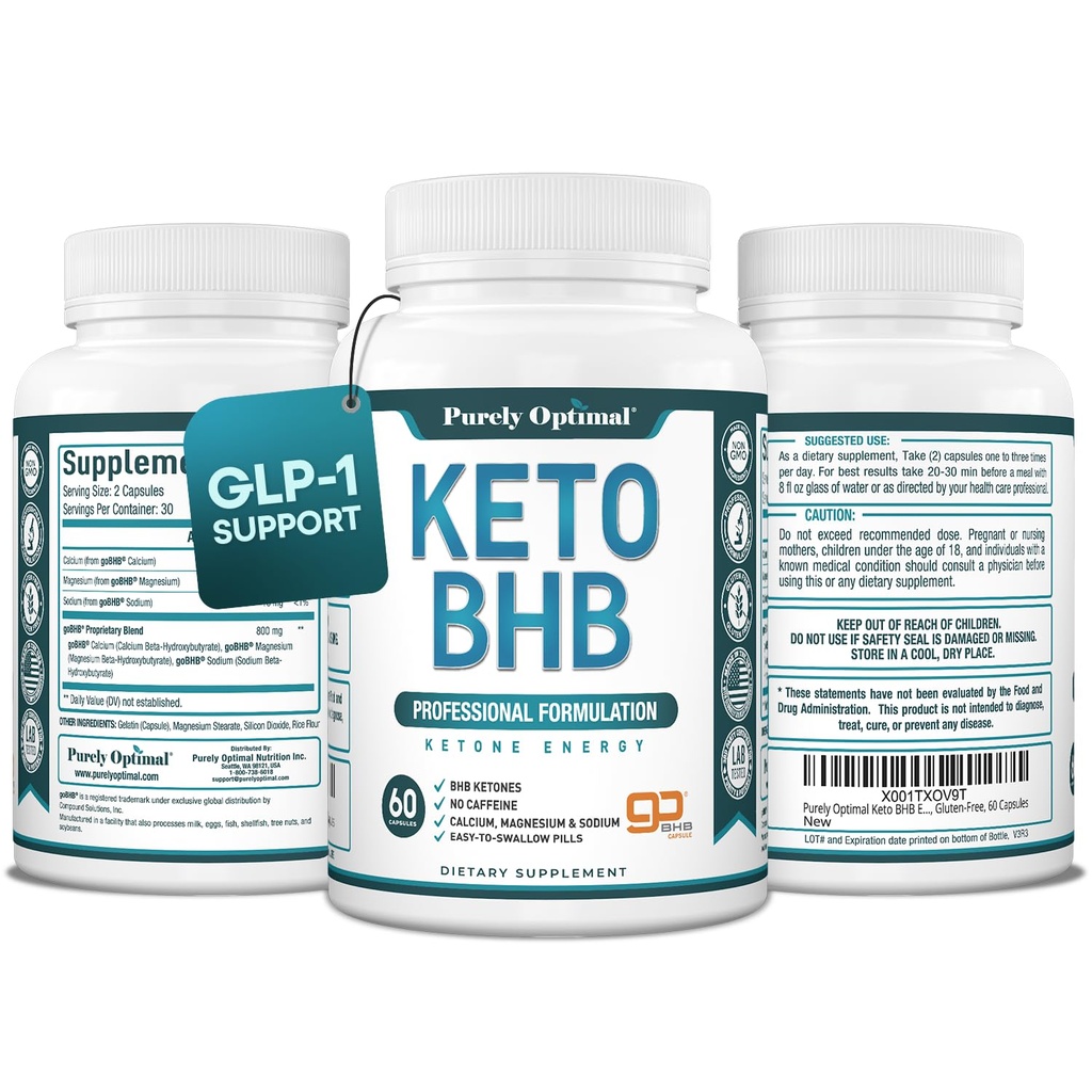 Capsules Keto BHB purement optimales – pilules cétoniques exogènes pour le soutien de la kétose, énergie soutenue, focus et métabolisme – pour les femmes et les hommes, 60 capsules