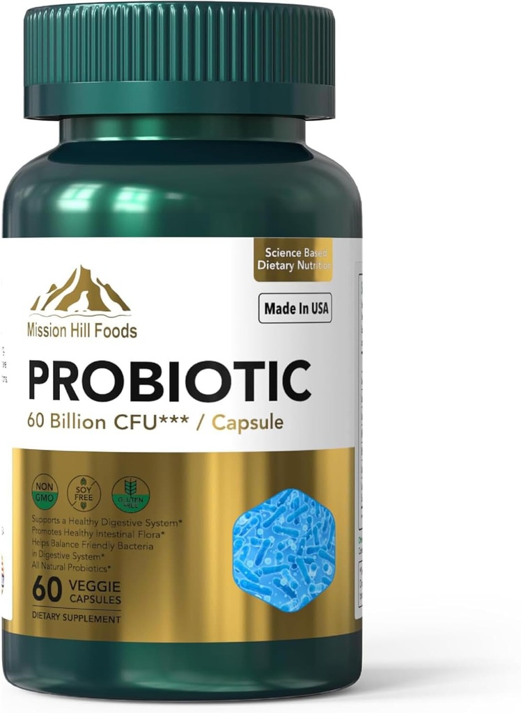 Probiotique 60 Million de CFU.Supprime la santé digestive et immunitaire (1 bouteille-60 Capsules-2mo d'approvisionnement)