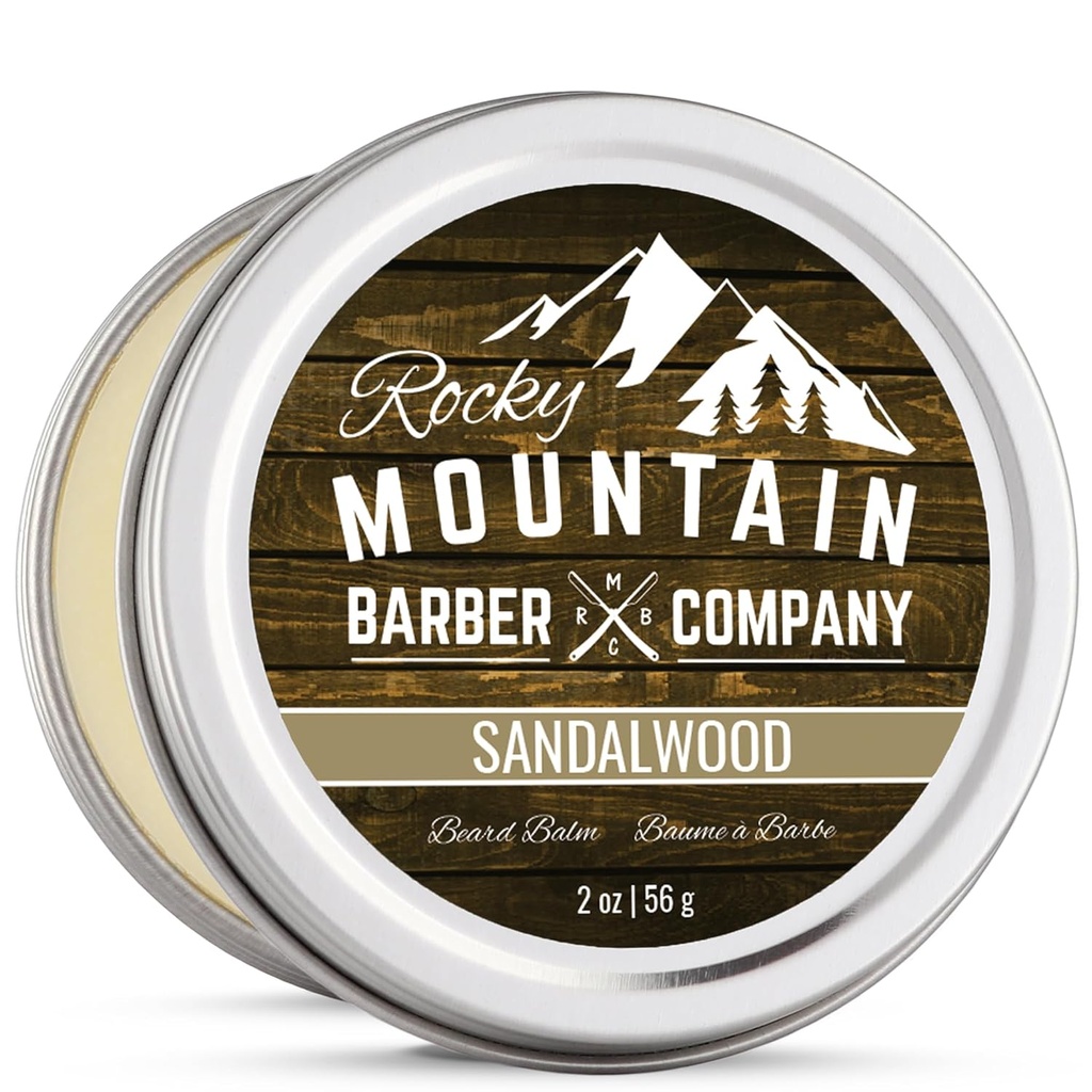 Beard Balm – Sandalwood Blend - Rocky Mountain Barber – with Nutrient Rich Bees Wax, Jojoba, Shea Butter, Coconut Oil – Contains Real Sandalwood Essential Oil