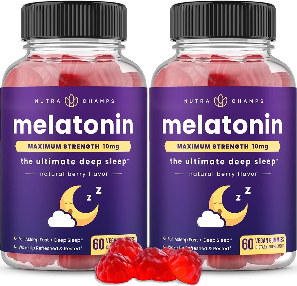 NutraChamps (Pack de 2 Gommies Mélatonines pour Adultes, Vitamines d'aide au sommeil extra-fort, 5mg ou 10mg Dose, supplément naturel aux fraises végétaliennes pour mieux dormir, 120 Gommies