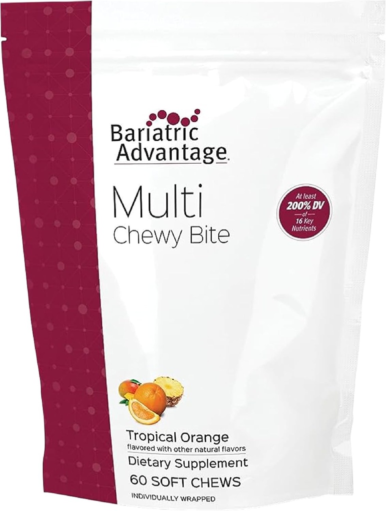Avantage bariatrique Multi-Chewy Bite - Multivitamine molle pour les patients de chirurgie bariatrique - Multivitamine à chimio avec acide folique, vitamine D3 et plus - Arôme orange tropical - 60 Compte