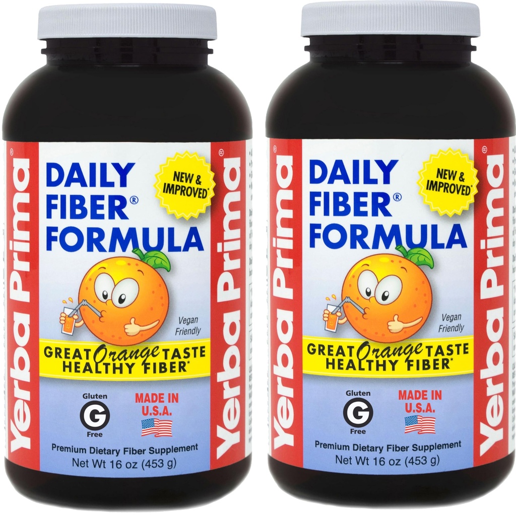 Yerba Prima Daily Fibre Formule 16 oz (paquet de 2) - Supplément de fibre alimentaire Premium, sans OGM, sans gluten, fabriqué aux États-Unis, saveur orange