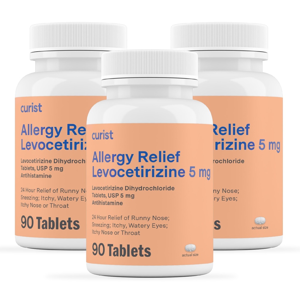 Curist Générique Dichlorhydrate de Levocetirizine 5mg en vrac (270 comprimés), pilules allergiques, 24 heures de soulagement de l'allergie - Allergie Médicament (3 boîtes de 90 comprimés)
