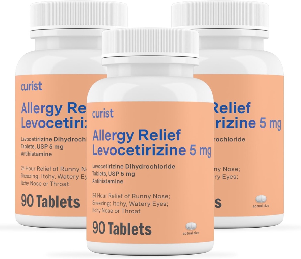 Curist Générique Dichlorhydrate de Levocetirizine 5mg en vrac (270 comprimés), pilules allergiques, 24 heures de soulagement de l'allergie - Allergie Médicament (3 boîtes de 90 comprimés)