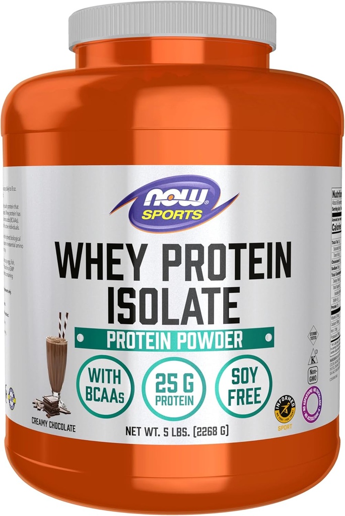 NOW Foods Sports Nutrition, Whey Protein Isolate, 25 G With BCAAs, Creamy Chocolate Powder, 5-Pound