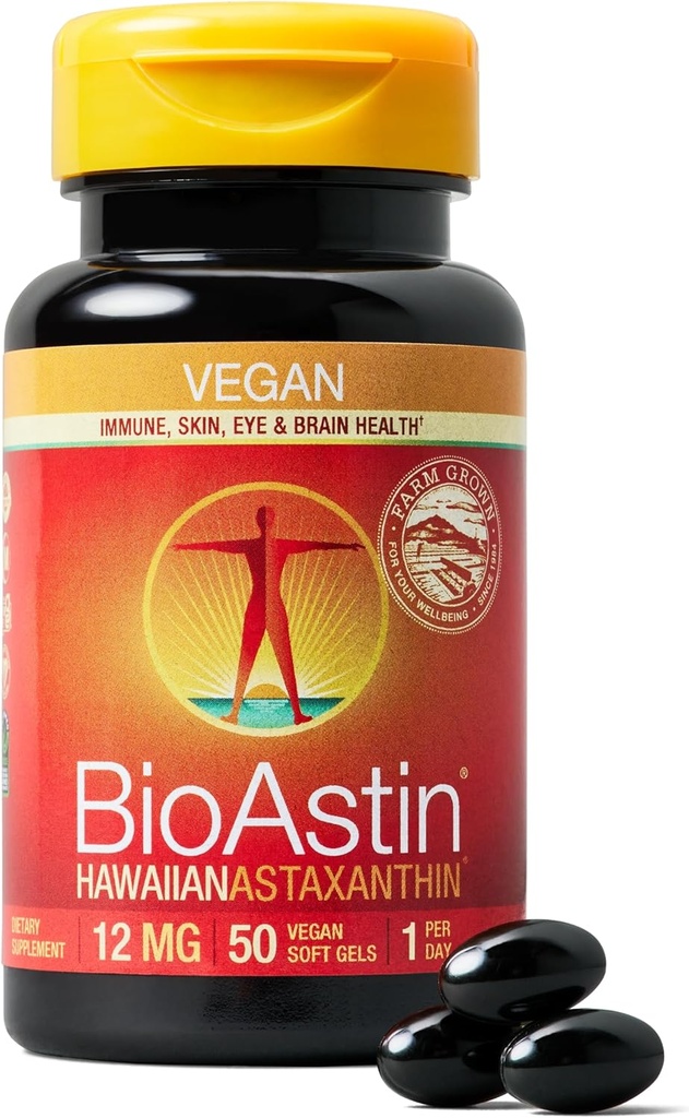 Nutrex Hawaï Vegan BioAstin Hawaiian Astaxanthin - 12mg, 50 Softgels - Farm-Direct Supplément antioxydant Premium pour soutenir la santé des yeux, de la peau, des articulations et du système immunitaire - végétalien, sans OGM et sans gluten