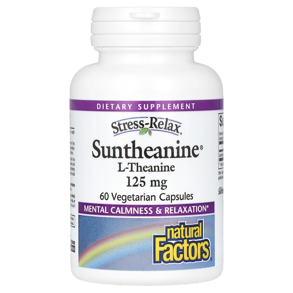 Facteurs naturels Stress-Relax Suntheanine L-Theanine 125 mg, Soutien du stress non somnolent pour le calme mental et la relaxation, 60 Capsules