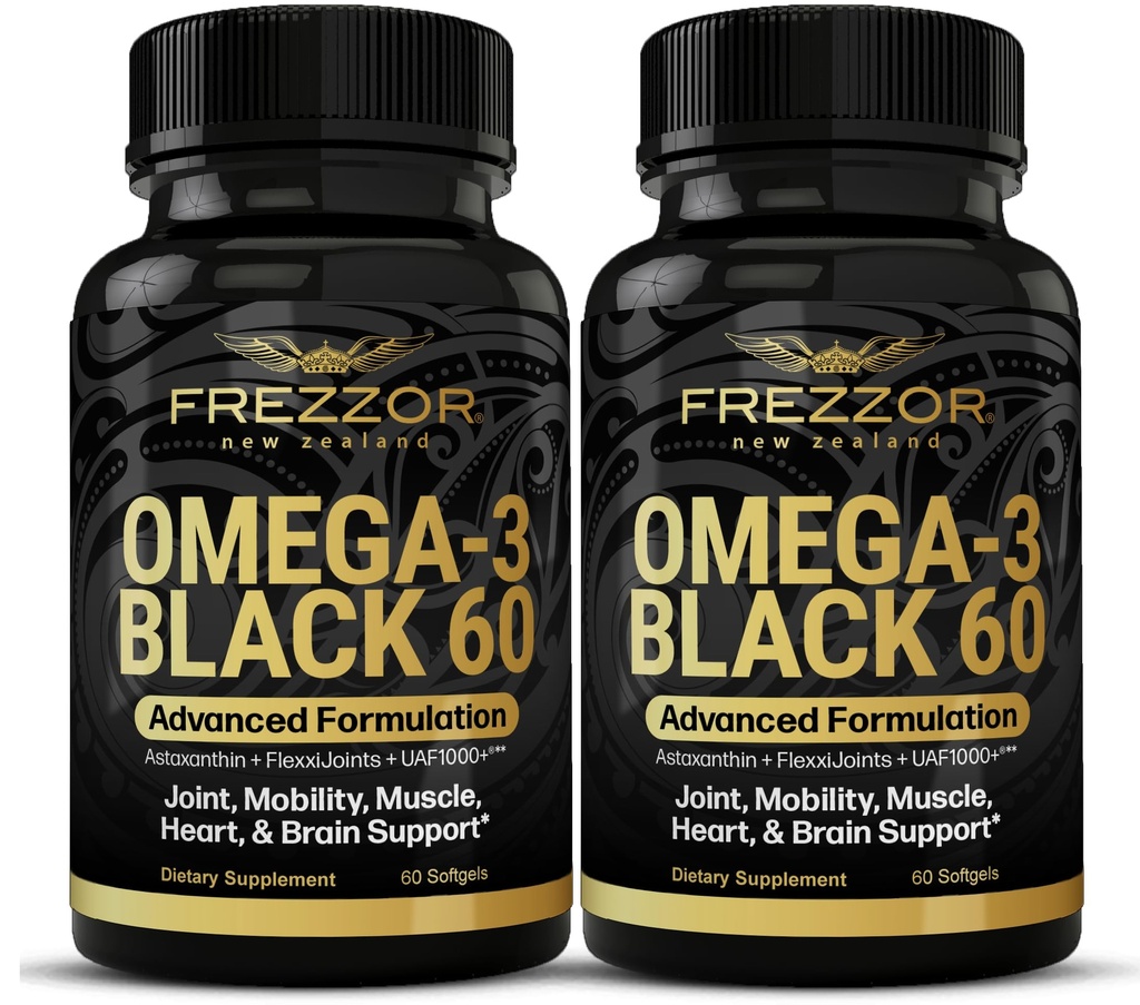 FREZZOR Omega 3 Noir pour le soin des articulations et le confort - Nouvelle-Zélande Capsules d'huile de moules à lisière verte; 53x plus haute puissance avec UAF1000+ Super antioxydant, sans arrière-goût de poisson, 60 Compte (paquet de 2)