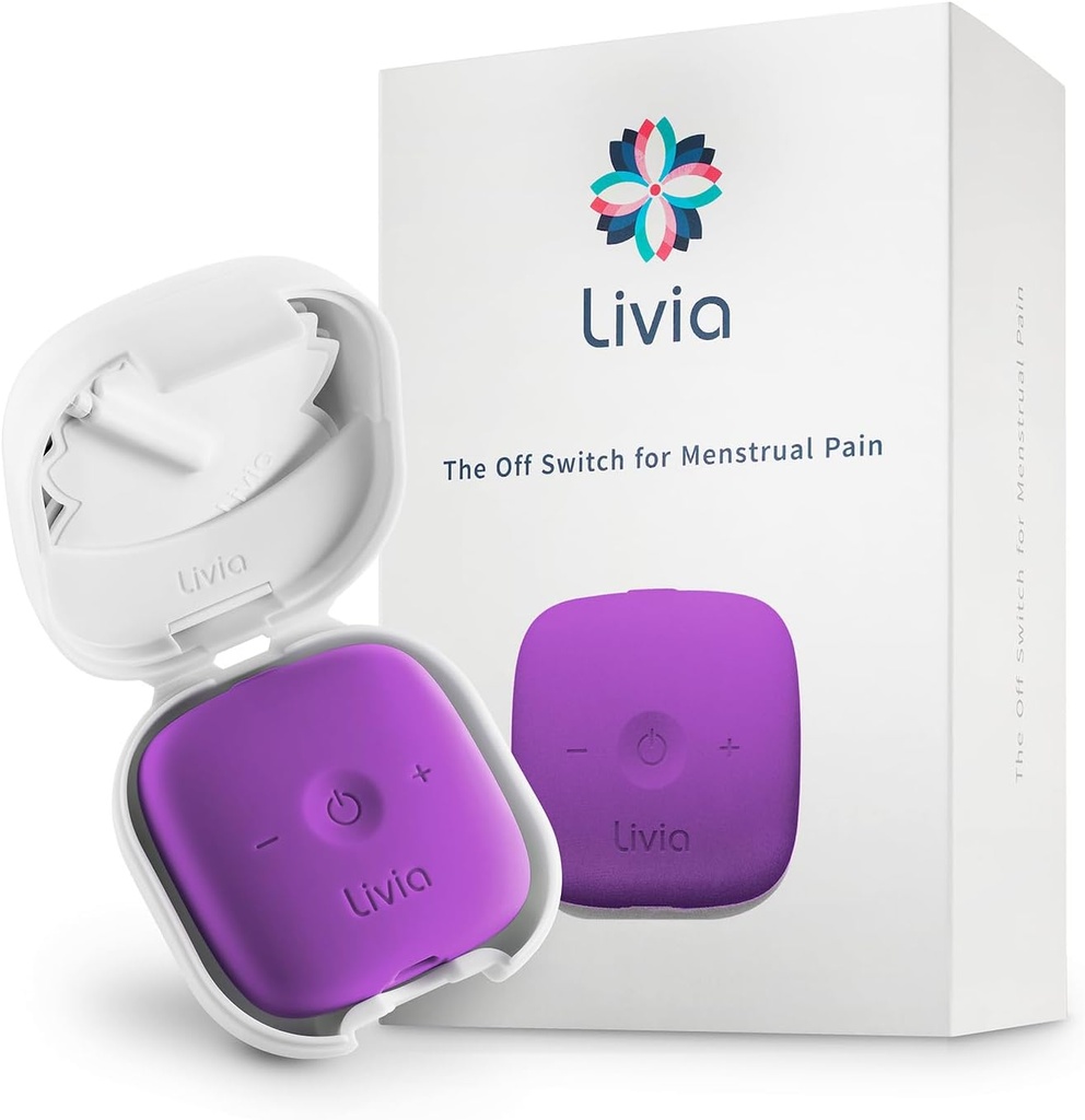 Livia appareil de soulagement de la douleur menstruelle, violet – hors-switch pour la douleur d'époque – Portable et discret – rechargeable, jusqu'à 12 heures batterie – Kit complet avec des tampons à bâton – le partenaire de voyage Go-to
