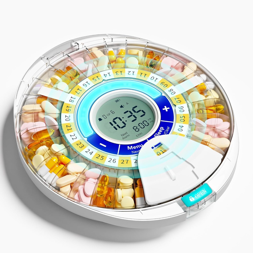 Distributeur de pilules automatique amélioré pour les personnes âgées avec alarme: Distributeur de pilules intelligent avec 28-Slot, Mix-Proof Tech & XL LCD, Durabilité améliorée pour la prise en charge médicale quotidienne