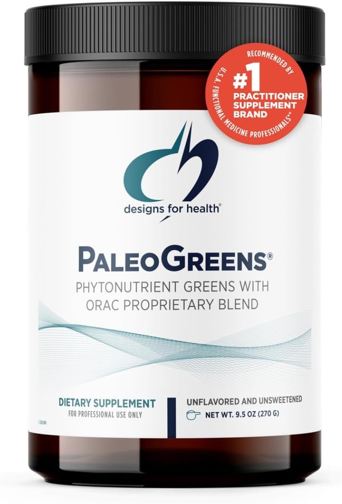 Designs for Health PaleoGreens - Plus de 90 % de poudre biologique Super Green Shake avec légumes, baies, enzymes + antioxydants - Mélange de boissons non OGM, non aromatisé + non sucré (30 portions / 270g)