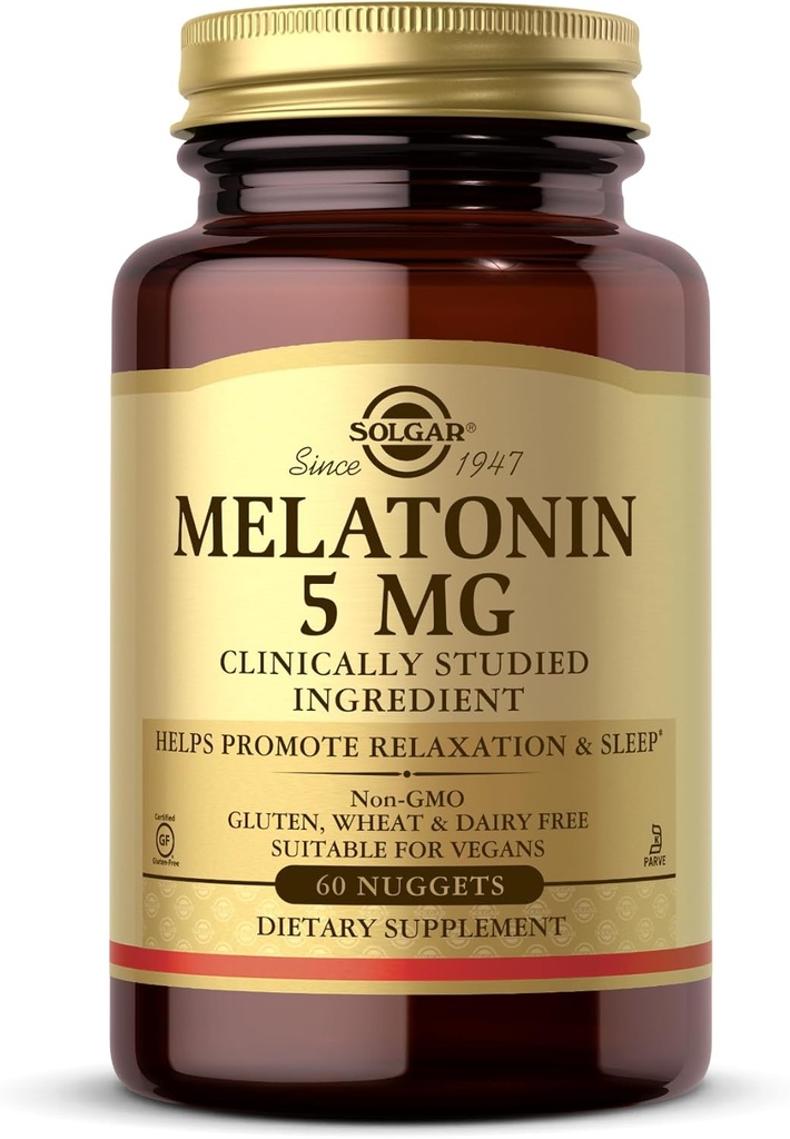 Solgar Melatonine 5 mg, 60 Nuggets - Aide à promouvoir la détente et le repos - Mélatonine cliniquement étudiée - Vegan, sans gluten, sans lait, sans casher - 60 portions