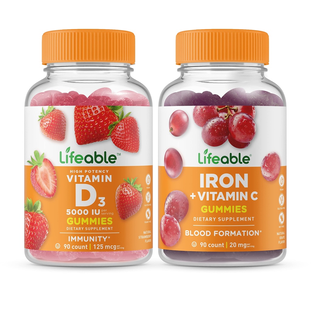 Vitamine vivante D 5000 UI + Fer à base de vitamine C, Gommies - Grande dégustation, Supplément vitamine, Sans gluten, Sans OGM, Gommy à croquer