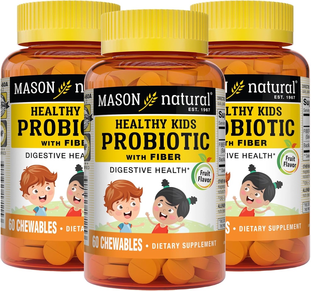 MASON NATURAL Healthy Kids Probiotic with Fiber - Healthy Digestive Function, Improved Gut Health, 60 Chewables (Pack of 3)