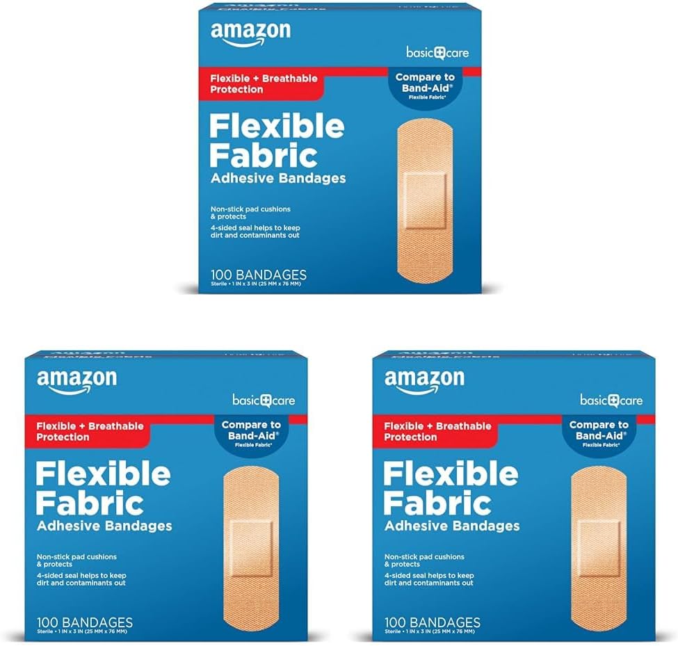   Basic Care Flexible Fabric Adhesive Bandages, First Aid and Wound Care Supplies, All-One Size, 100 Count (Pack of 3)