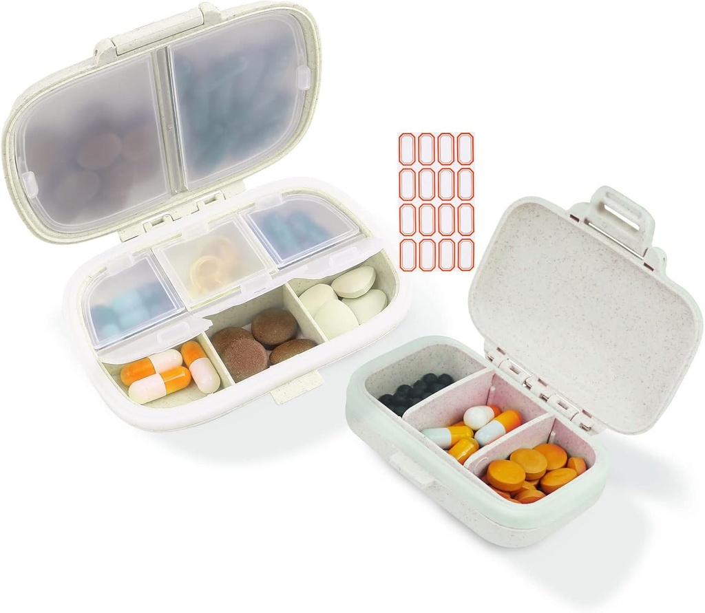 2 Pack Pill Organizer Box - Petit distributeur de pilules Home Travel Essentials Support de supplément Portable Vitamine Case 8 Compartiment & 3 Compartiment Container Daily Medicine