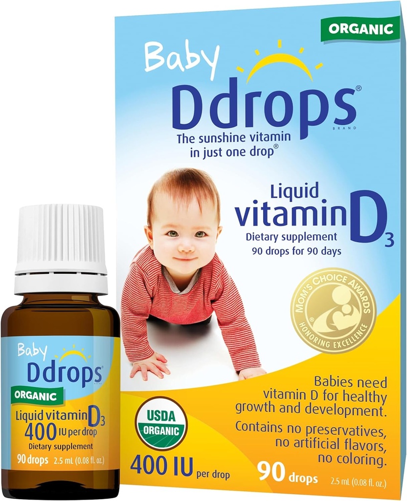 Drops Bio Baby 400 UI 90 gouttes - Vitamine D liquide quotidien pour les nourrissons. Soutient la santé des dents et des os. Pas de conservateurs, Pas de sucre, Non-OGM, Allergie-Amis - Pack de 2