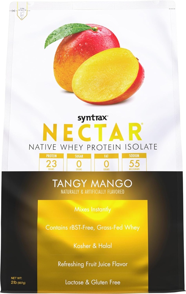 Syntrax Nutrition Nectar, 100% de poudre Isolée de protéines de lactosérum, Saveur de jus de fruits rafraîchissant, mangue Tangy, 2 lbs.