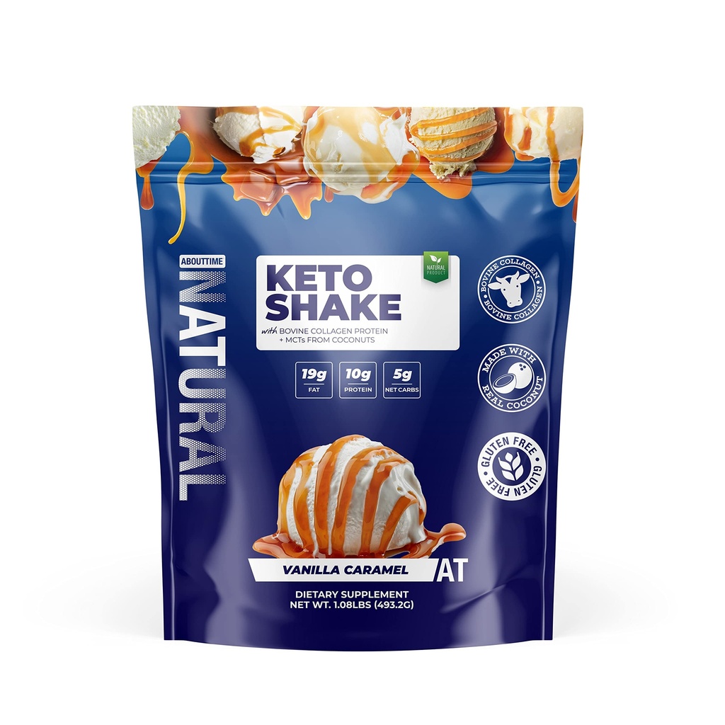 Environ temps Keto agiter avec des protéines de collagène de viande bovine + MCT de noix de coco - 19g de graisse, 10g de protéines, 5g de glucides nets - Caramel de vanille, 1lb