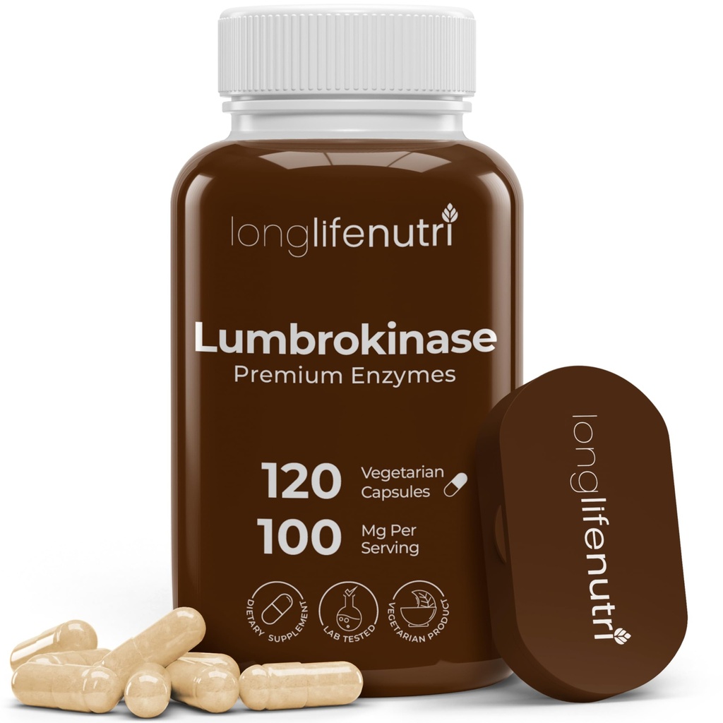 LongLifeNutri Lumbrokinase 100mg – Activité maximale 2 000 000 unités par portion, 120 capsules végétariennes, 2 mois d'approvisionnement, supplément enzymatique naturel pour la santé circulatoire, laboratoire testé, fabriqué aux États-Unis