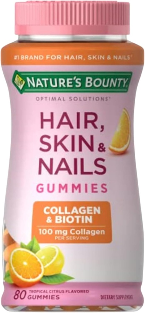 Nature's Bounty Optimal Solutions Cheveux, peau et ongles avec biotine et collagène, supplément de vitamines aux agrumes, 2500 mcg, 80 Ct, 40 portions totales