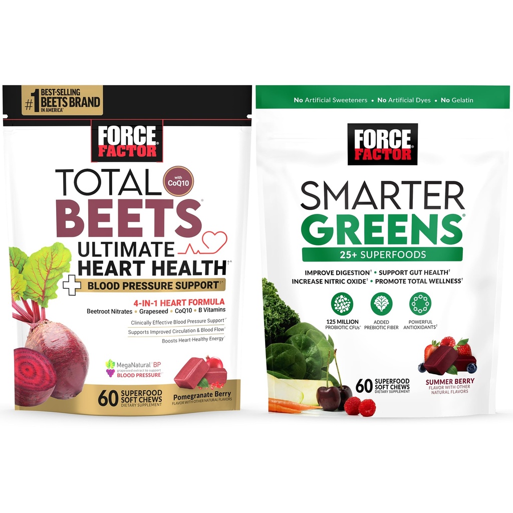 Ensemble de facteurs de force Betteraves totales Santé cardiaque Ultime Soutien de la pression artérielle Chews avec CoQ10, 60 Chews doux + Chews verts plus intelligents Superfood Chews, pour soutenir la digestion, 60 Chews doux
