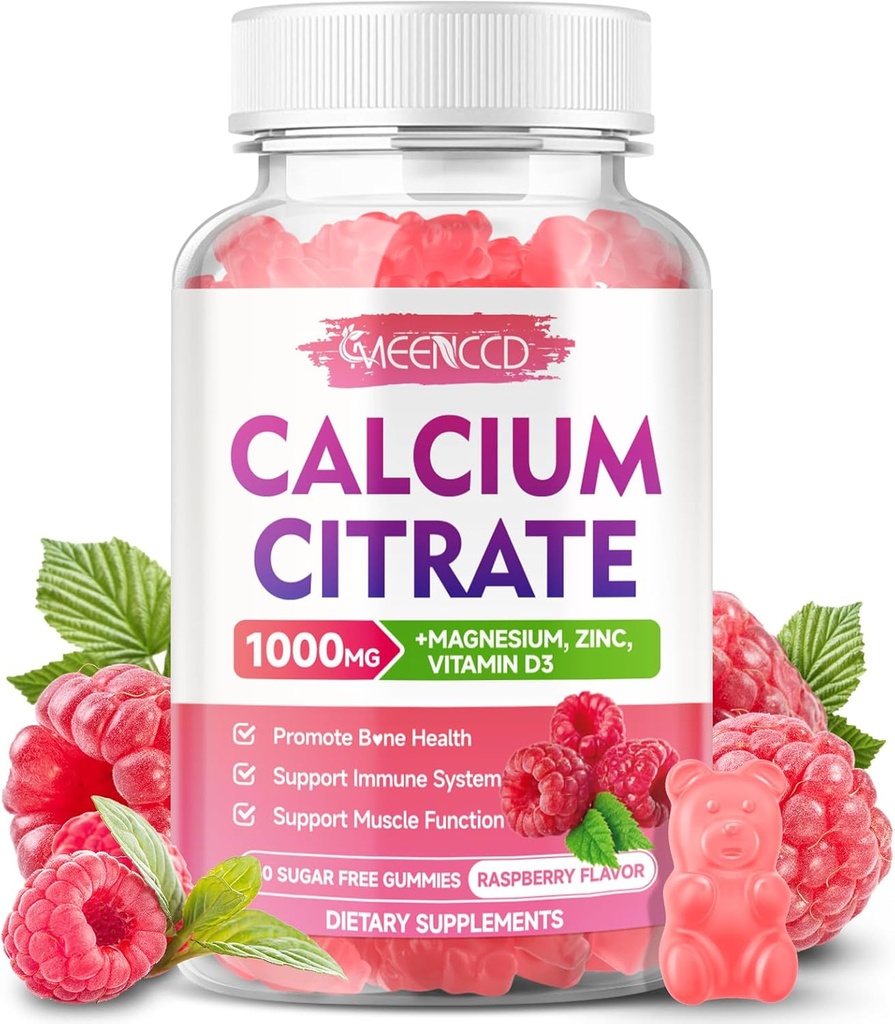 Citrate de calcium Gummies 1000mg w/Vitamine D3, Supplément de calcium à haute absorption pour les femmes et les hommes, Plus Magnésium, Potassium, Zinc pour Muscle & Immune, Sans sucre, Arôme de framboise, 60 Compte