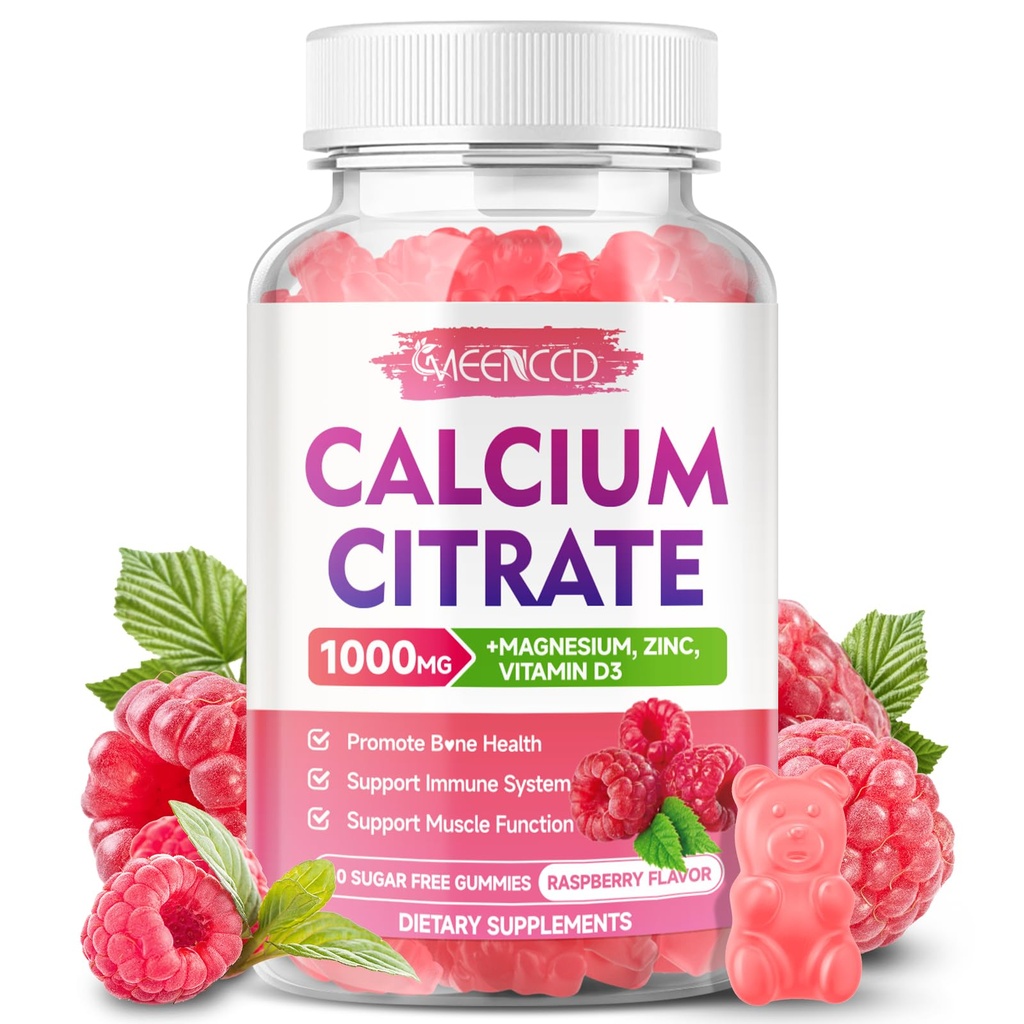 Citrate de calcium Gummies 1000mg w/Vitamine D3, Supplément de calcium à haute absorption pour les femmes et les hommes, Plus Magnésium, Potassium, Zinc pour Muscle & Immune, Sans sucre, Arôme de framboise, 60 Compte
