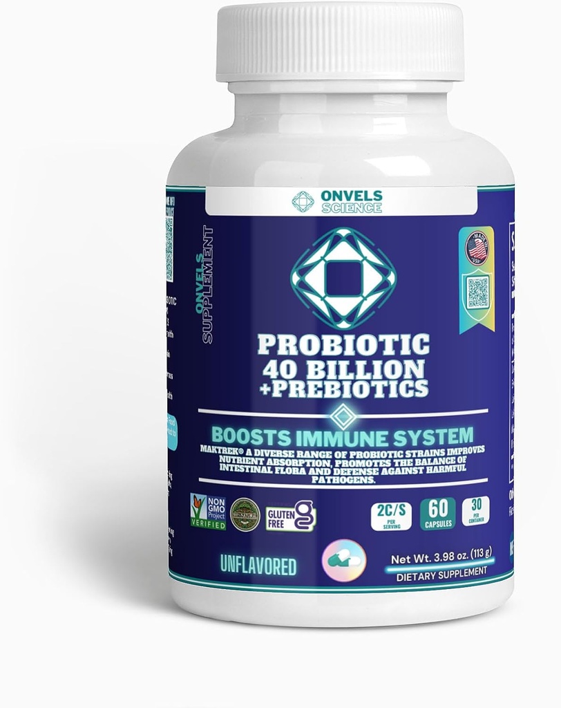 Probiotic 40 Million + Prébiotiques MAKTREK®. Boost Immune Function & Digestive & Gut Health, BOOST Immune System - Supports Constipation occasionnelle, Diarrhée, Gaz & Bloating - pour les femmes et les hommes
