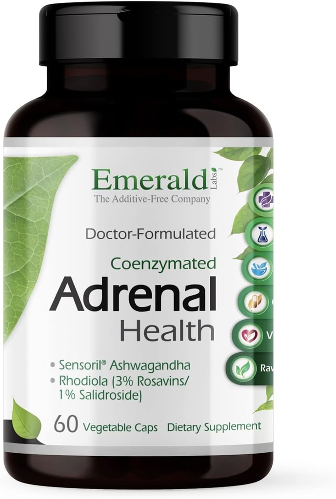 EMERALD LABS Santé adrénale - Soulagement du stress, soutien énergétique et sommeil restaurateur avec Ashwagandha sensoril, vitamines B, Rhodiola et plus* - Sans gluten - 60 capsules végétales (30 jours d'approvisionnement)