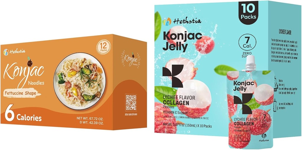 Hethstia Konjac Jelly Lychee Flavor with Collagen Peptides 10 Packs and Konjac Fettuccine Gluten Free 12 Packs Low Calorie, Keto, Sugar Free, Healthy Food