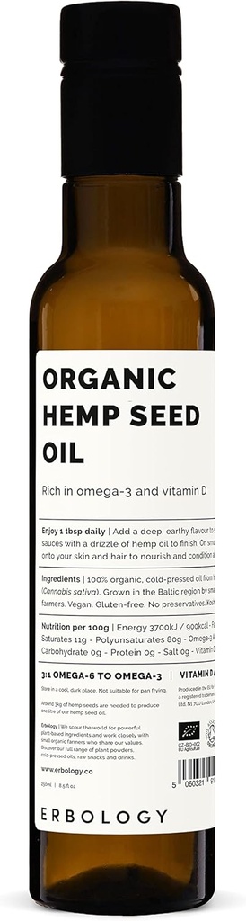 Erbologie Huile de chanvre biologique 8,5 fl oz - pressé à froid - riche en oméga-3 - source de vitamine D - directement de la ferme - non-OGM - aucun additif ou conservateur - bouteille en verre recyclable