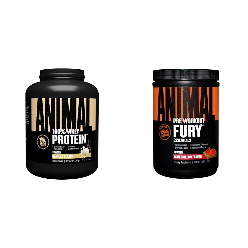 Animal 100% Whey Protein Powder Vanilla 4lb Bundle Fury Pre Workout Powder Supplement Watermelon 16.96oz