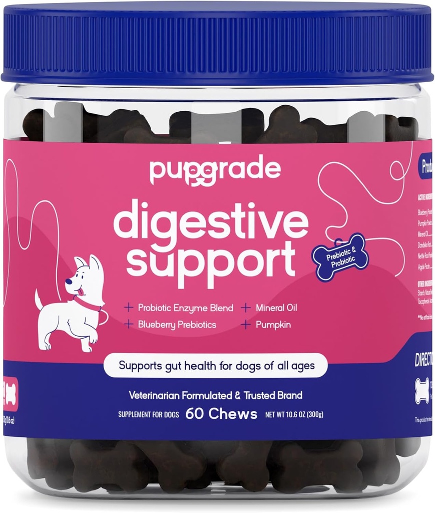 Soutien digestif pupGrade pour chiens - Supplément prébiotique et probiotique avec mélange d'enzymes - Stomach, Diarrhée, Bowel et Immune support - citrouille, bleuets, huile minérale - 60 Chews doux