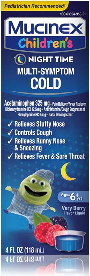 Cold, Cough, and Fever, Mucinex Children's Multi-Symptom, Night Time Cold Liquid, Mixed Berry, 4oz, Reduces Fever, Controls Cough, Relieves Stuffy Nose