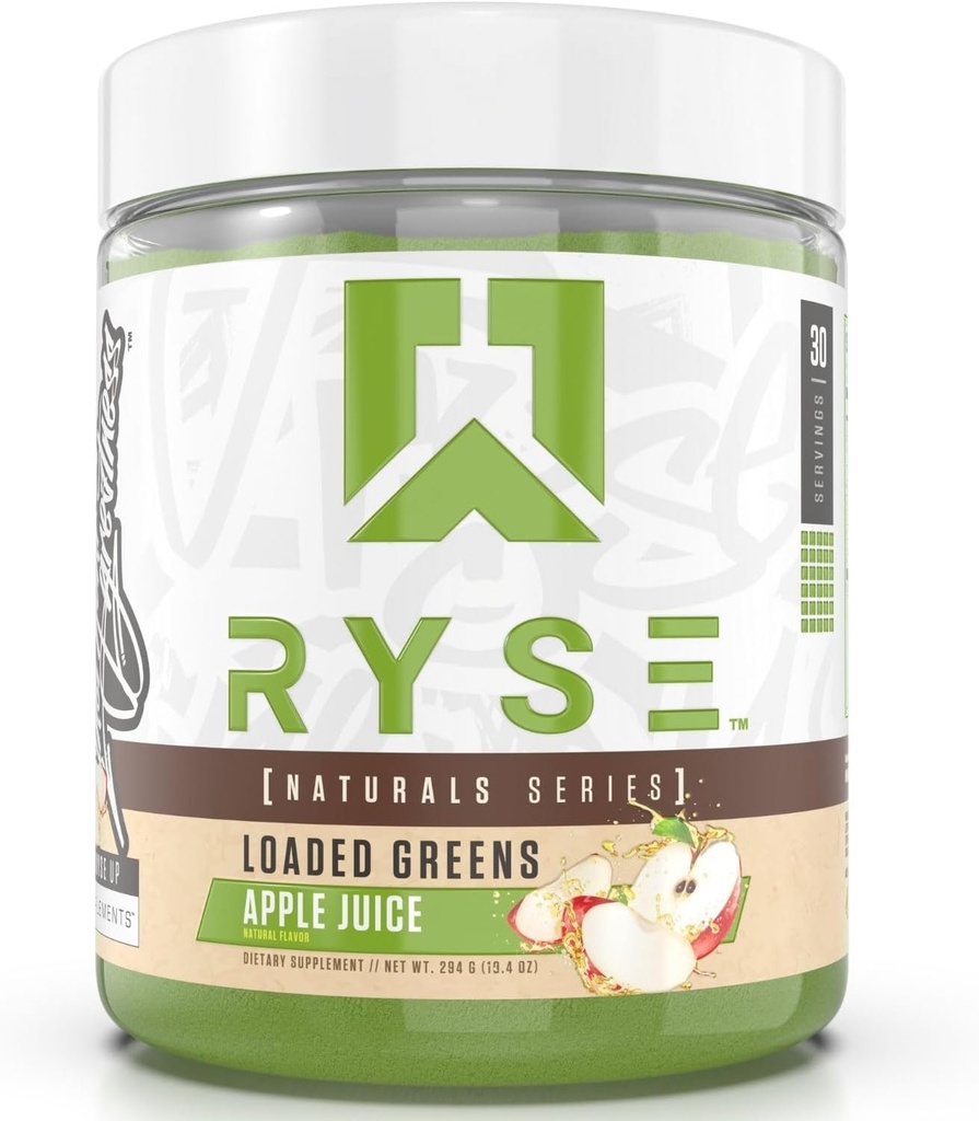 RYSE Charged Greens Superfood Powder - Jus d'Apple - Supplément quotidien avec Greens Balance, BettaBerries & Sukre Fibre - Supporte la digestion, l'immunité et l'énergie - Pas d'édulcorants artificiels - 30 portions