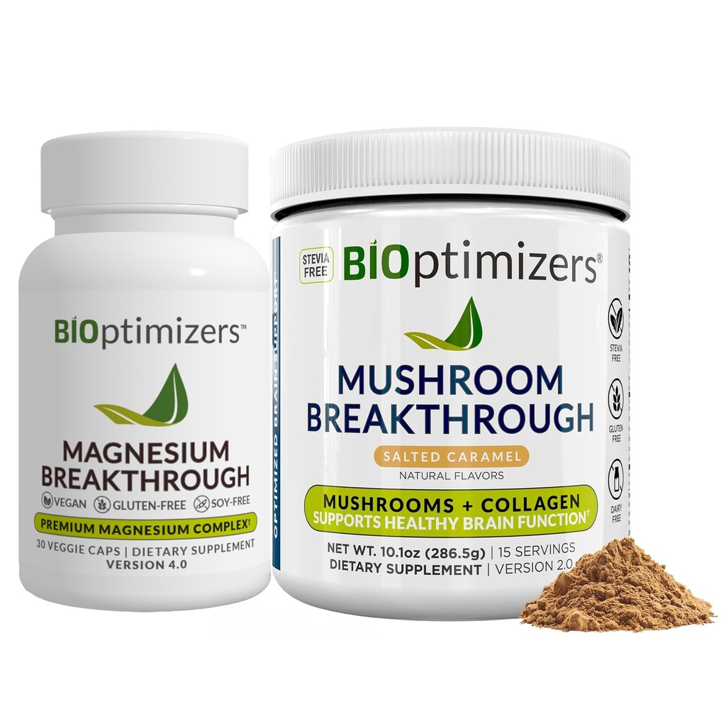 BiOptimizers Magnésium Breakthrough 4.0, (30 Capsules) et Mushroom Breakthrough Powder (Salted Caramel, 15 portions) - Naturel Sommeil et Cerveau Superfood & Supplément Bundle