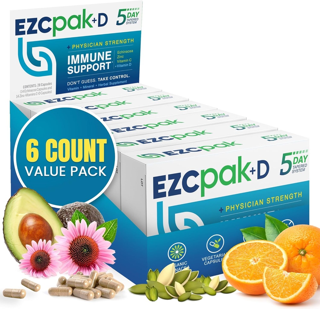 EZC Pak 5 jours Système immunitaire Booster avec Echinacea, vitamine C, zinc et vitamine D - Supplément de soutien immunitaire bandelé pour les adultes - Supports Immunity, Easy Travel-Size Supplément Pack - (Pack de 6)