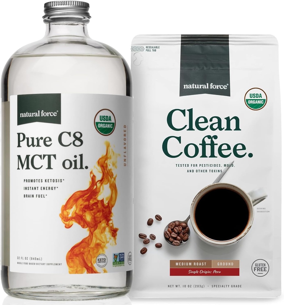 Café bio pur au sol de force naturelle + mélange biologique d'huile C8 MCT pur – 100 % C8 MCT et café sans moisissure et mycotoxine – non-OGM, kéto, paléo et végétalien - 10 Oz sac et 32 Oz bouteille en verre