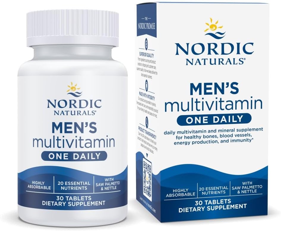Nordic Naturals Hommes Multivitamine 1 jour par jour - Soutien osseux, énergétique et vésicule sanguine - Supplément immunitaire - 20 nutriments essentiels - 30 comprimés - 30 portions