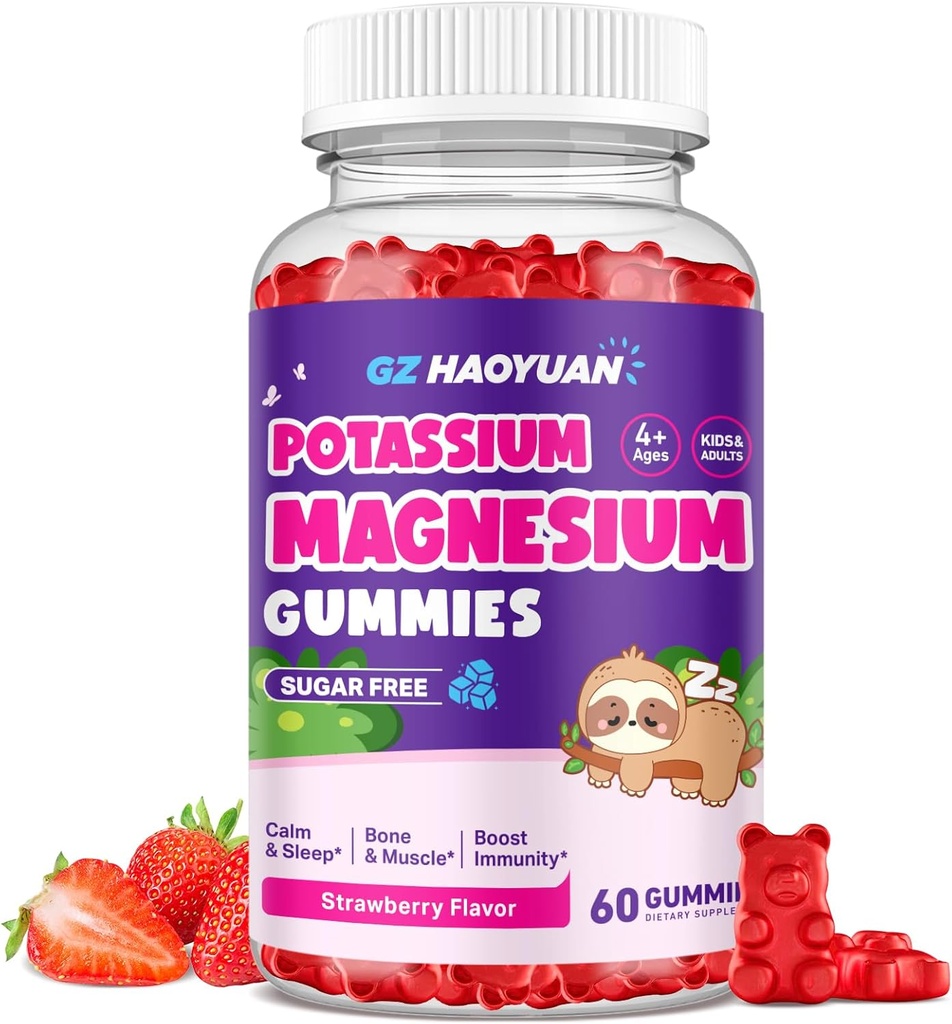 Gommies de magnésium pour les enfants - Glycinates de magnésium avec vitamine D3, B6, Potassium et Ashwagandha, Magnésium pour les enfants et les adultes Relaxation, sommeil, cerveau et santé des os - Fraise de vegan 60ct