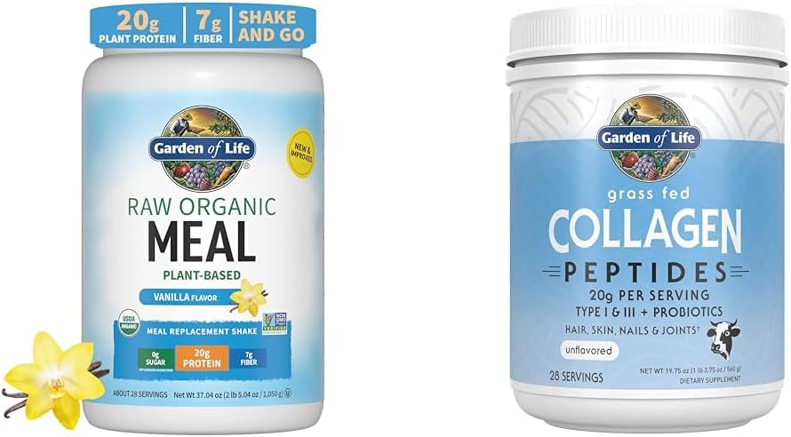 Garden of Life Poudre de protéines végétaliennes - Raw Organic Meal Replacement Shakes - Vanille - Poudre de Pea Protein & Grass Collagen Peptides – Poudre de collagène non aromatisée pour les femmes Hommes Peau Nails